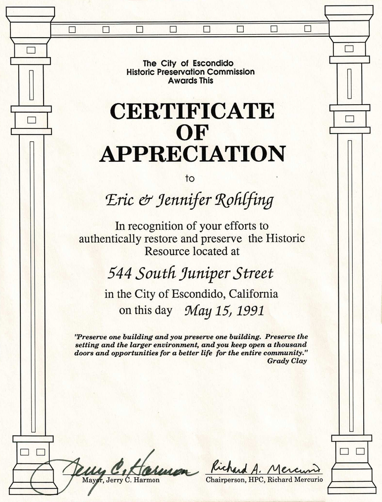 Escondido Historic Preservation Certificate of Appreciation - ENR architects, Granbury, TX 76049