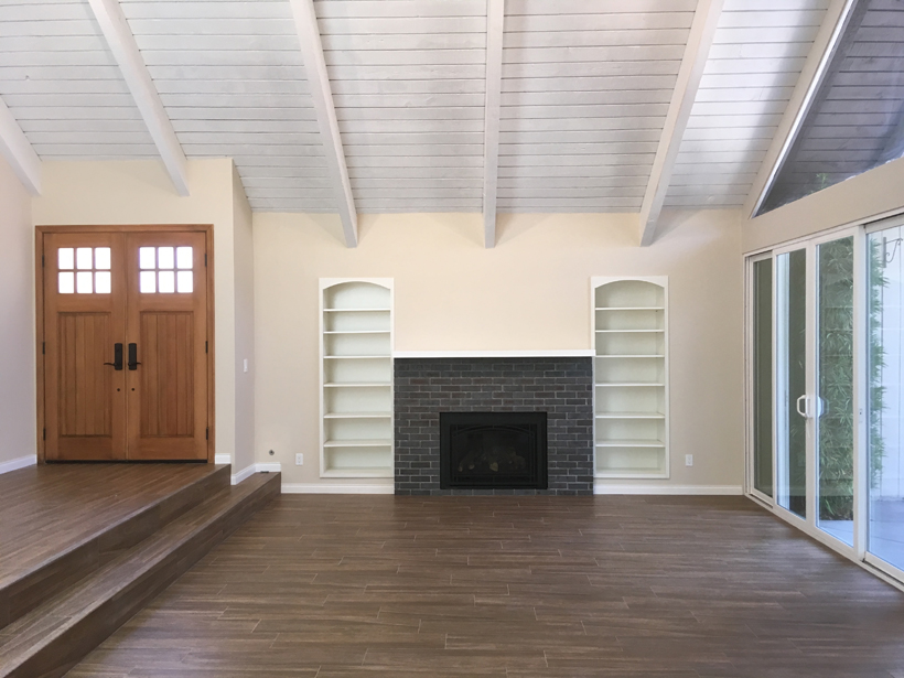 Living Room Entry Landing & Fireplace, 2-Story Wholehouse Remodel, Covered Patio Addition & Landscape, ENR architects, Westlake Village, CA 91361