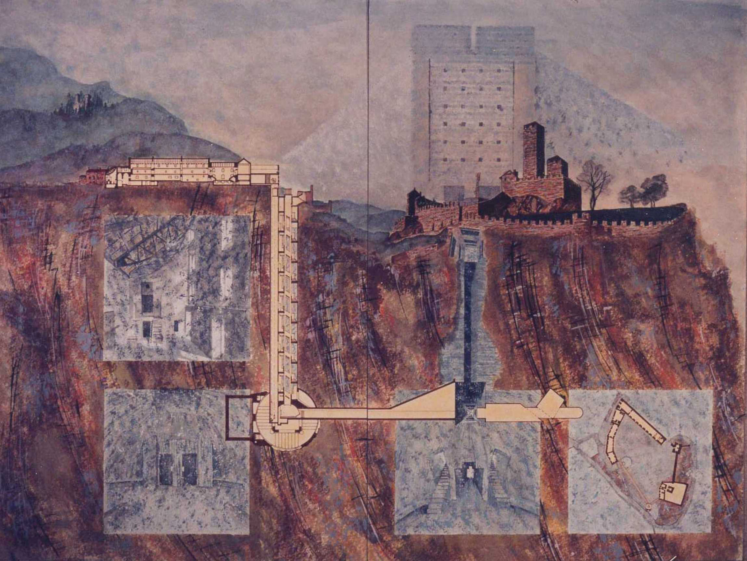 Castlegrande, Bellinzona, Spain, Gouache Study, ENR architects, UT Arlington, TX 76019