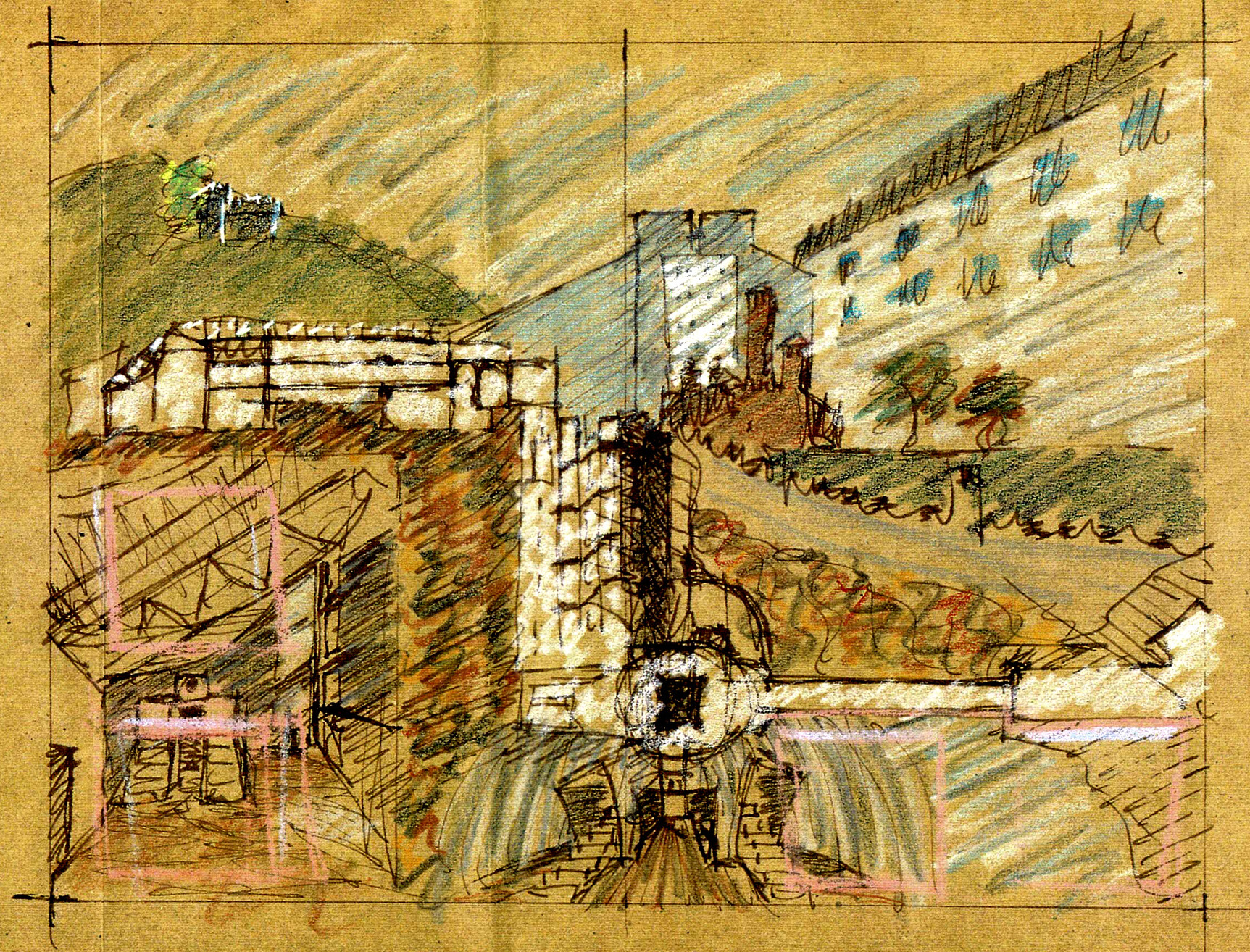 Castlegrande, Bellinzona, Spain, Chalk, Colored Pencil & Ink Study, ENR architects, UT Arlington, TX 76019